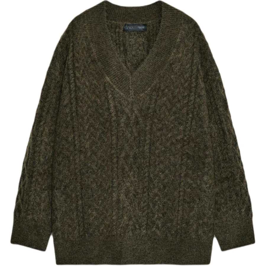 ZARA Knitwear Women's Khaki V Neck Moderate