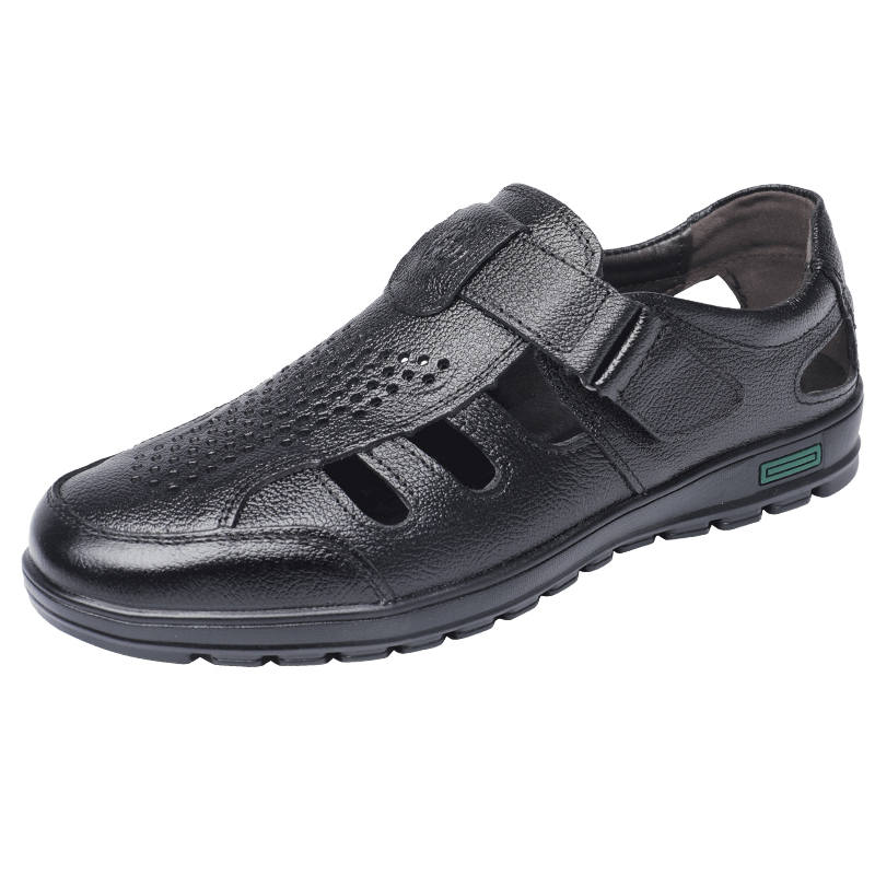 SHENNUO Hollow Out Leather Sandals Top Grain Cow Leather Clogs Men's
