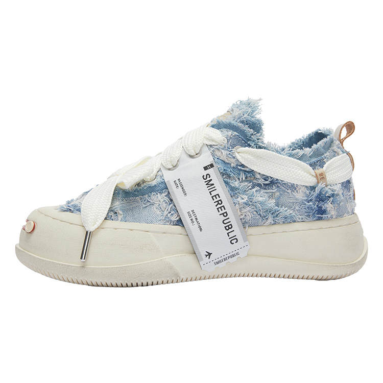 SMILEREPUBLIC Open Ended Smiling Collection Ripped Distressed Denim Abrasion Resistant Low top Canvas Shoes Unisex Blue