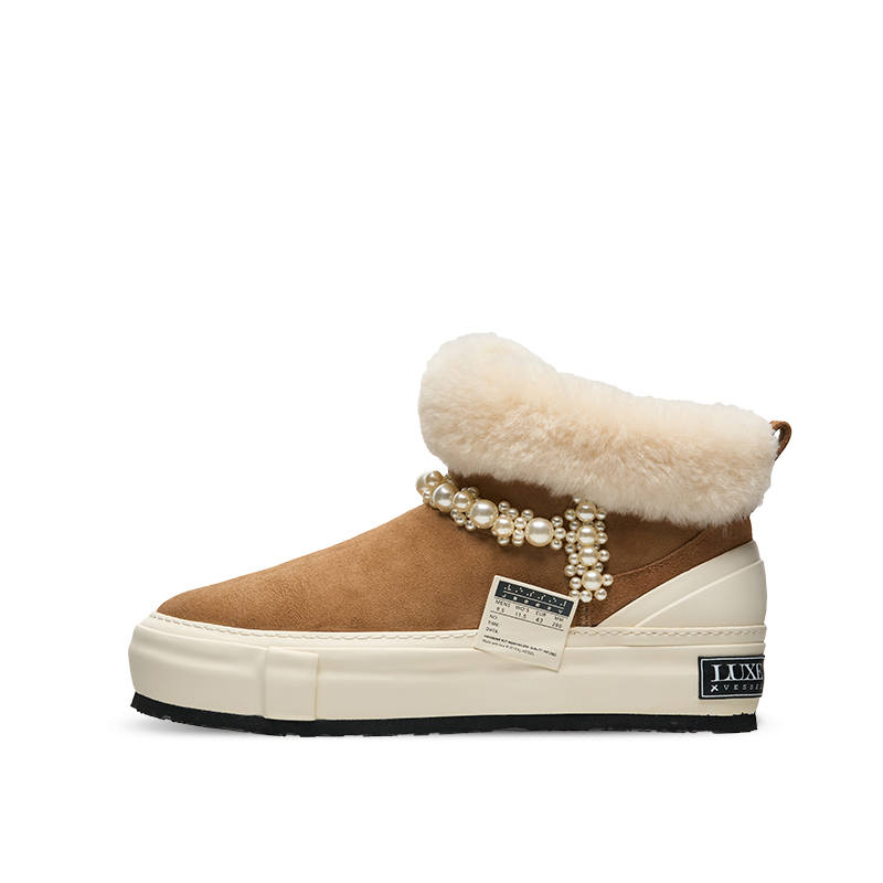 XVESSEL VESSEL Sheepskin Thermal Abrasion Resistant Fleece Lined, Comfortable Versatile Short Snow Boots Unisex Chestnut