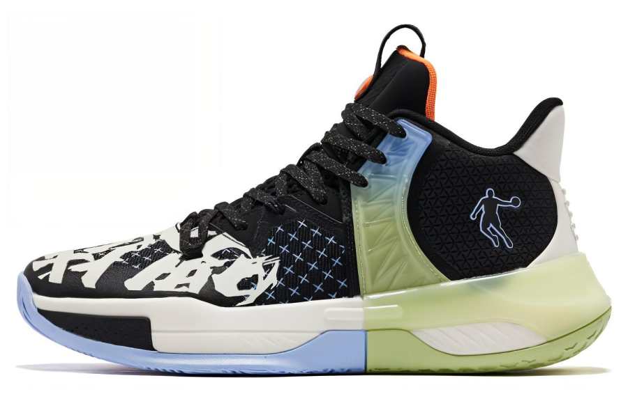 QIAODAN Halberd 5TEAM Cushioning Slip Resistant Abrasion Resistant Mid top Basketball Shoes Men's Black Green