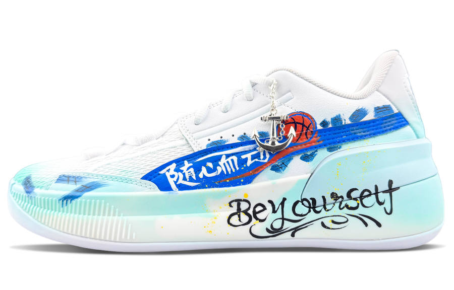 PUMA Clyde Hardwood Team Abrasion Resistant Low top Basketball Shoes Men's White Blue