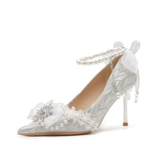 SMDXDMS Crystal Wedding Shoes Slim Heel High Heels Women's Silver