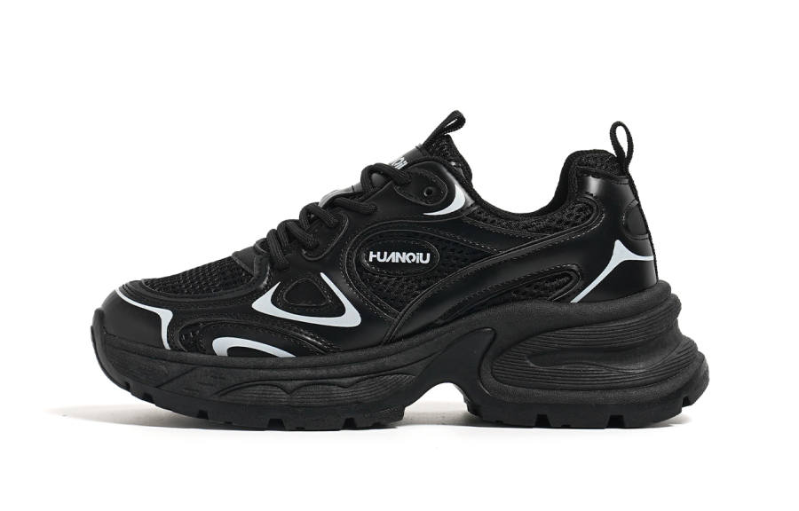 HUANQIU Synthetic Leather, Textile Coverage Abrasion Resistant Low top Chunky Sneakers Women's Black