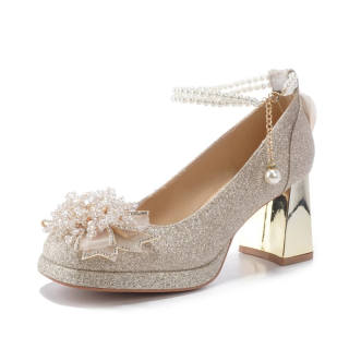 LONGZHIWU Pu Chunky Heel High Heels Women's Champagne