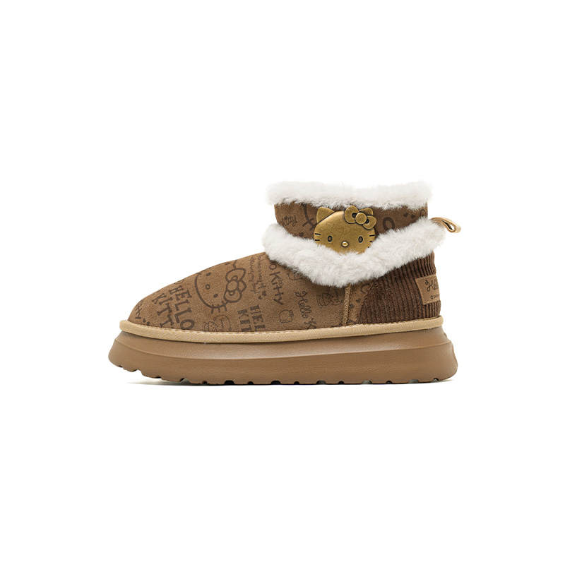 OLD ORDER Sanrio x OLD ORDER Cow Split Leather Thermal Height Increasing Slip Resistant Short Fashion Snow Boots Women's Chestnut