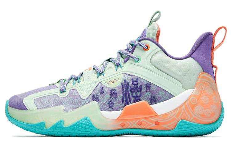 QIAODAN Shaanxi Museum Cushioning Slip Resistant Mid top Basketball Shoes Men's Seashell Green/Shadow Purple