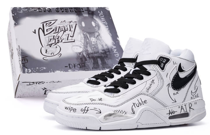 Nike Nike Flight Legacy Da Vinci Custom, Box, Manuscript Mid top Vintage Basketball Shoes Unisex White Black