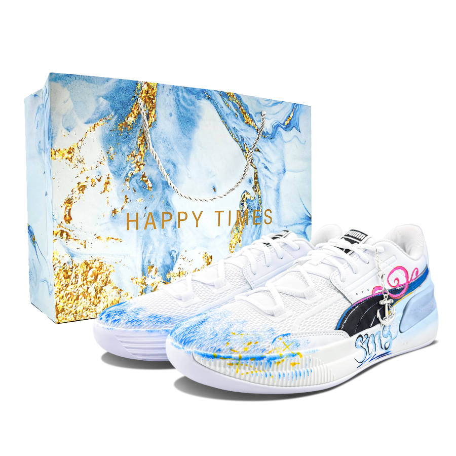 PUMA Clyde Hardwood Team Abrasion Resistant Low top Basketball Shoes Men's White Blue