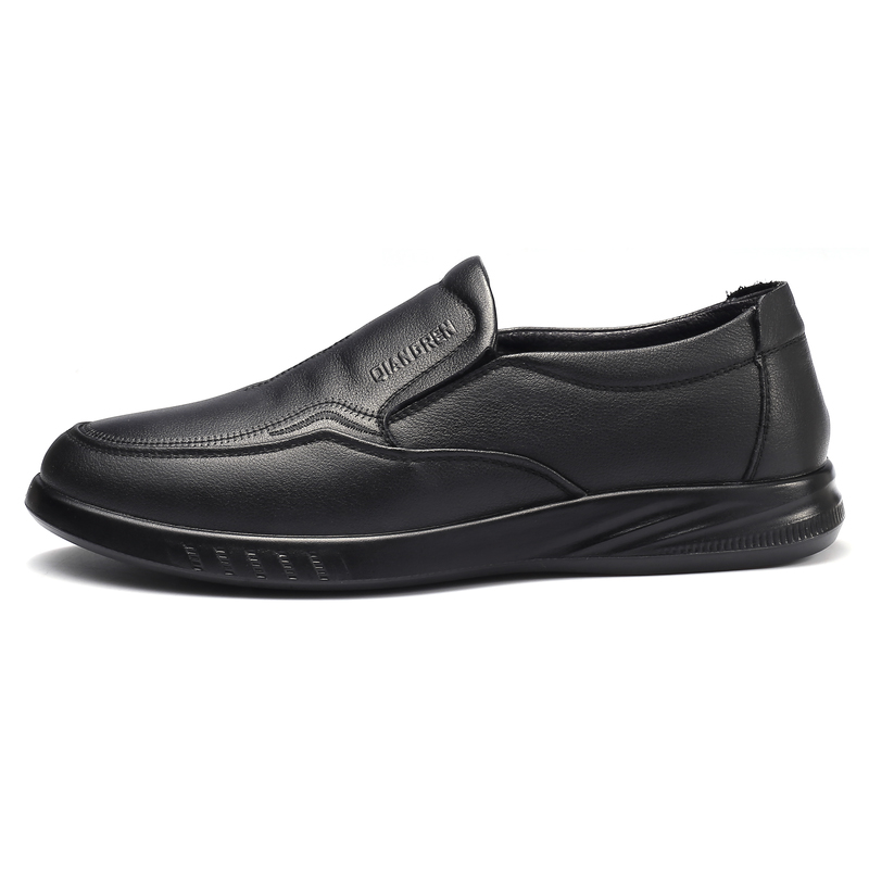 QIANGREN 3515 Winter Thermal Fleece Lined Genuine Leather Soft Sole Business Slip on Casual Leather Shoes Men's Black