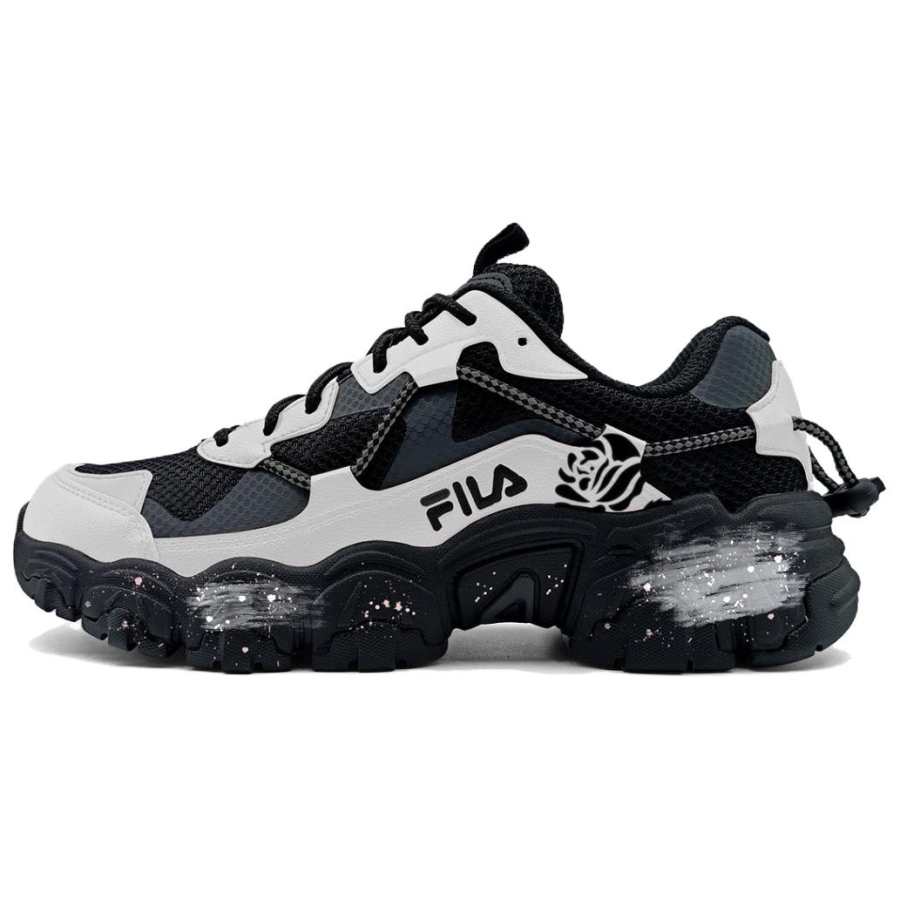FILA Fluid Black Phantom Floral Abrasion Resistant Breathable Height Increasing Low top Chunky Sneakers Unisex