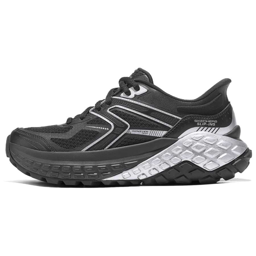 Skechers Monster Textile, Synthetic Leather Low top Running Shoes Women's Black Silver