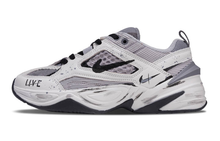 Nike Nike M2K Tekno Chunky Sneakers Unisex Low Top White Gray Black Patchwork Ink Splatter Design
