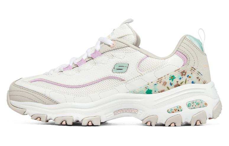 Skechers D'Lites 1.0 Leather, Mesh Lace Up Low top Chunky Sneakers Women's White Gray Pink