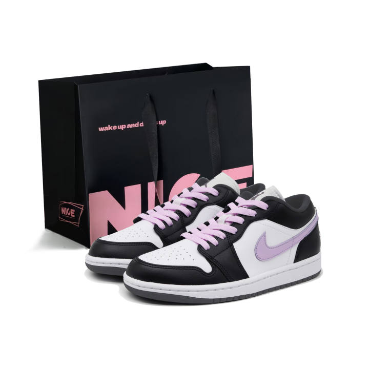 Jordan Jordan Air Jordan 1 Black White Hyacinth Purple Leather Slip Resistant, Abrasion Resistant, Breathable Low top