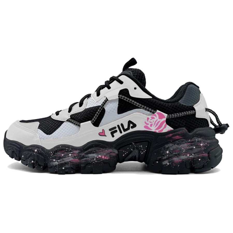 FILA Fluid Black Rose Sweetheart Cushioning Breathable Height Increasing Low top Chunky Sneakers Unisex Black White