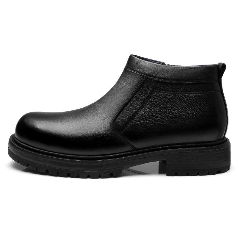 QIANGREN 3515 Genuine Leather Wool High Top Cotton Shoes, Thickened And Fleece Lined Thermal Ankle Boots Men's Black