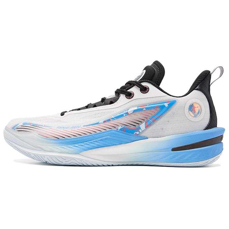 QIAODAN Wind Blade 5 Cushioning Slip Resistant Breathable Low top Basketball Shoes Men's White Black Blue