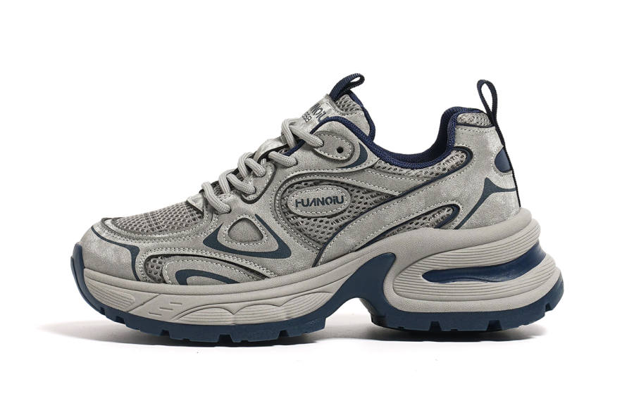 HUANQIU Synthetic Leather, Textile Coverage Abrasion Resistant Lightweight Low top Chunky Sneakers Women's Gray Blue