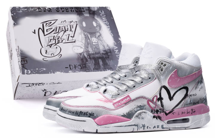 Nike Nike Flight Legacy Da Vinci Custom, Box, Tap To Open Mid top Vintage Basketball Shoes Unisex Silver Pink
