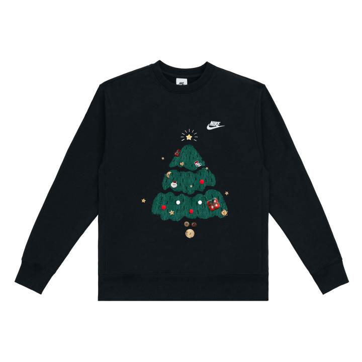 Nike Nike Sportswear Club Casual Fleece Lined Woolen Buttons Christmas Trees Patchwork Crew Neck Pullover Long Sleeved
