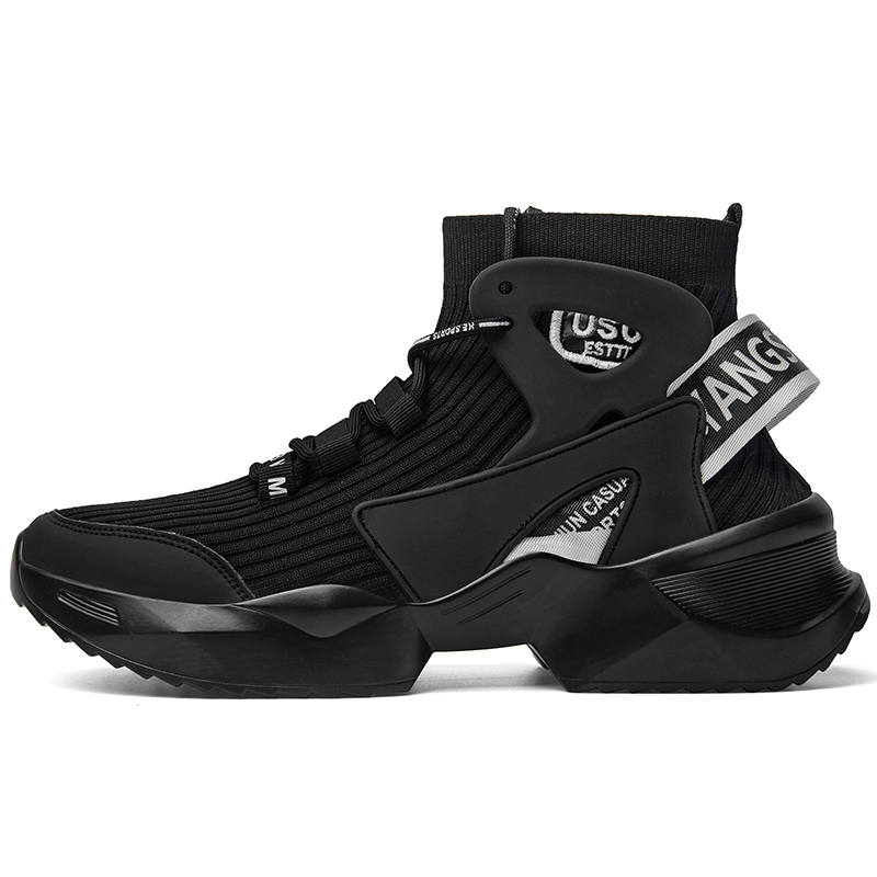 BIANSULONG Microfiber Leather Slip Resistant Support Height Increasing High top Chunky Sneakers Unisex Black