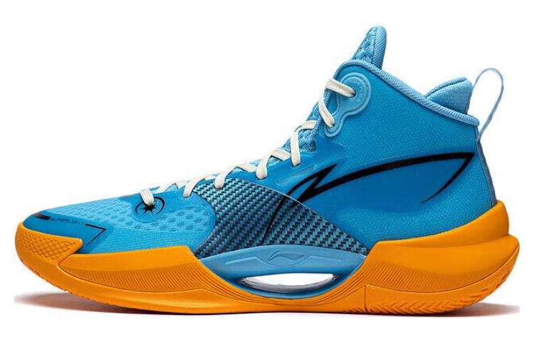 Li-Ning Li Ning Fabric Cushioning Slip Resistant Abrasion Resistant Mid top Performance Basketball Shoes Men's Blue Yellow