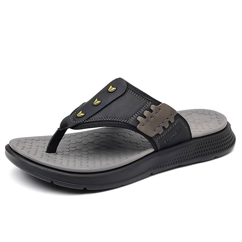 CANUVEN Leather Patchwork Abrasion Resistant Quick Dry Abrasion Resistant Quick Dry Flip Flops Men's