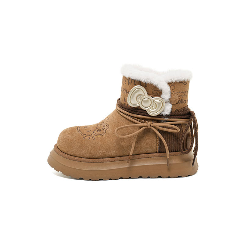 OLD ORDER Sanrio x OLD ORDER Hello Kitty Cow Split Leather Thermal Height Increasing Slip Resistant Comfortable Crew Snow Boots