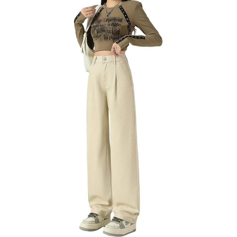 Tonlion Casual Pants Women's Beige Apricot Moderate Straight Fit Pants