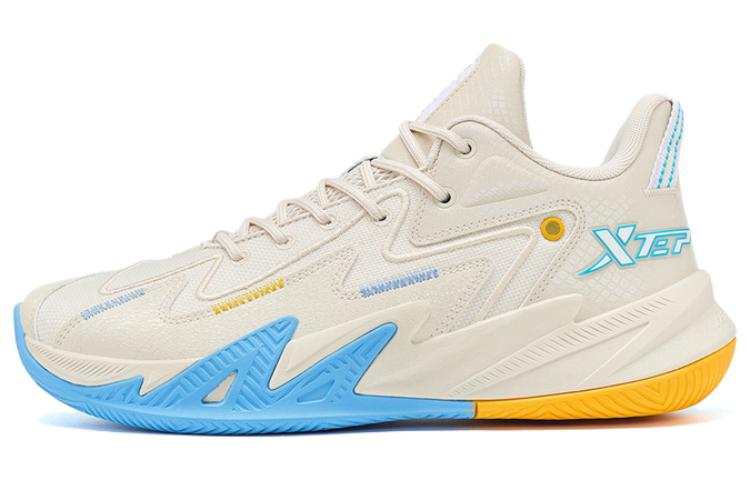 XTEP Reverse Generation Cushioning Slip Resistant Abrasion Resistant Low top Basketball Shoes Men's White Blue Yellow