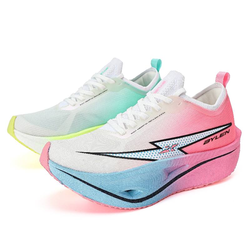 BYLEN Low top Genuine Carbon Plate Running Shoes Unisex Mismatched Pink Green