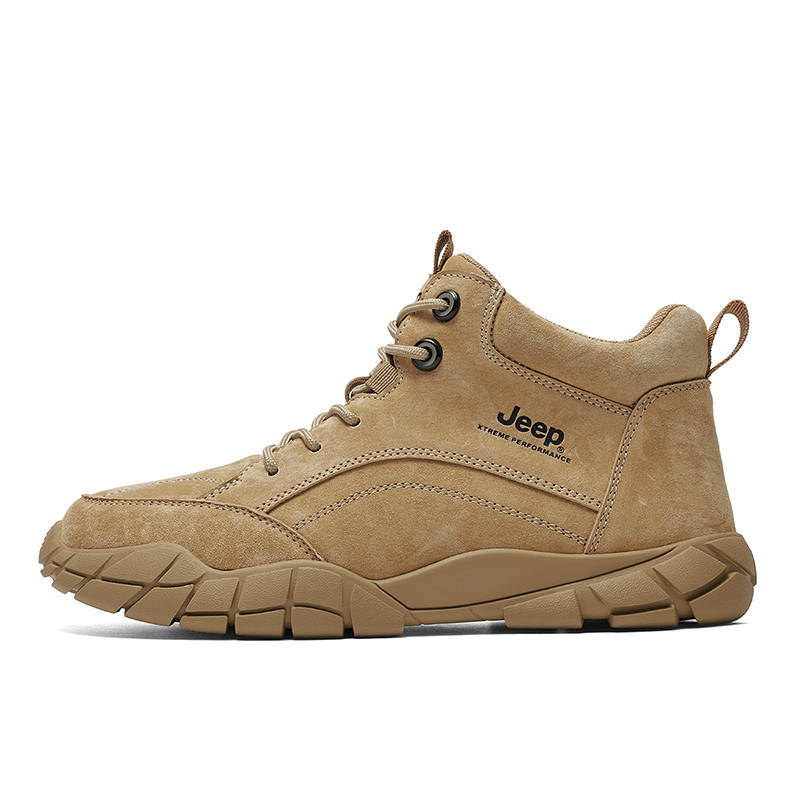 Jeep Top Grain Pig Leather Cushioning Height Increasing Abrasion Resistant Short Outdoor Boots Medium Heel Men's