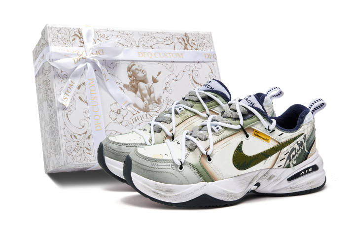 Nike Nike Air Monarch 4 Da Vinci Custom, Box, Mist Forest PU Leather Slip Resistant Lightweight Non slip Lightweight Low top
