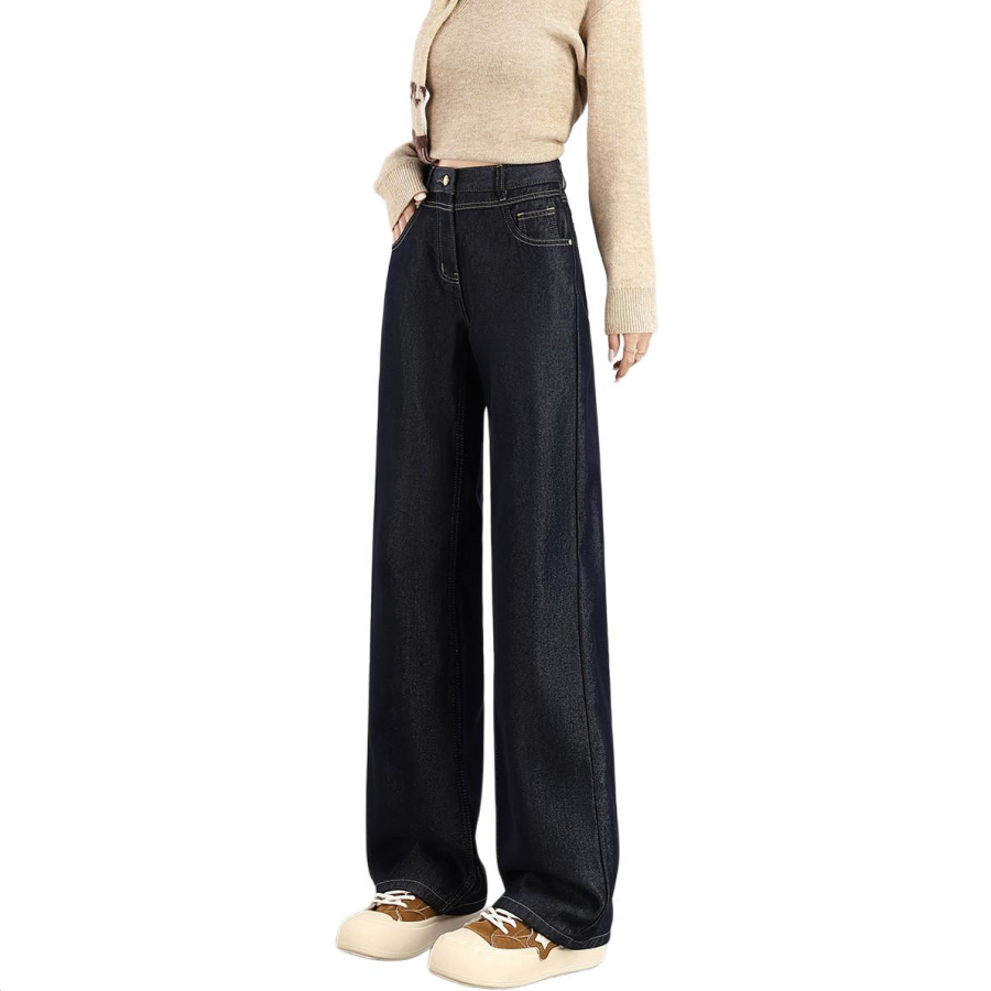 Tonlion Jeans Women's Dark Blue Thickened And Fleece Lined Straight Fit Pants
