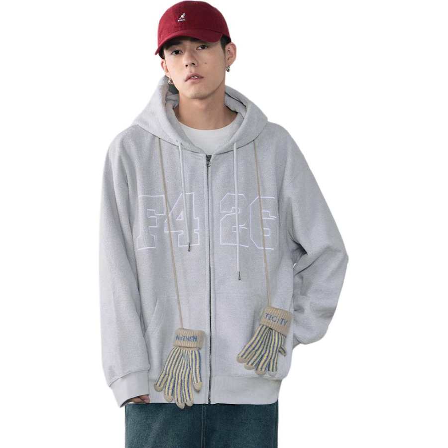 F426 Composite Plush Cardigan With Large Logo, Hooded, Fleece Lined, Zippers Sweatshirt Unisex