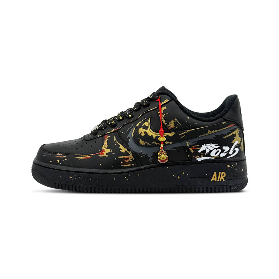 Nike Nike Air Force 1 Golden Horse Brings Fortune Abrasion Resistant Low top Skateboard Shoes Unisex Black Gold