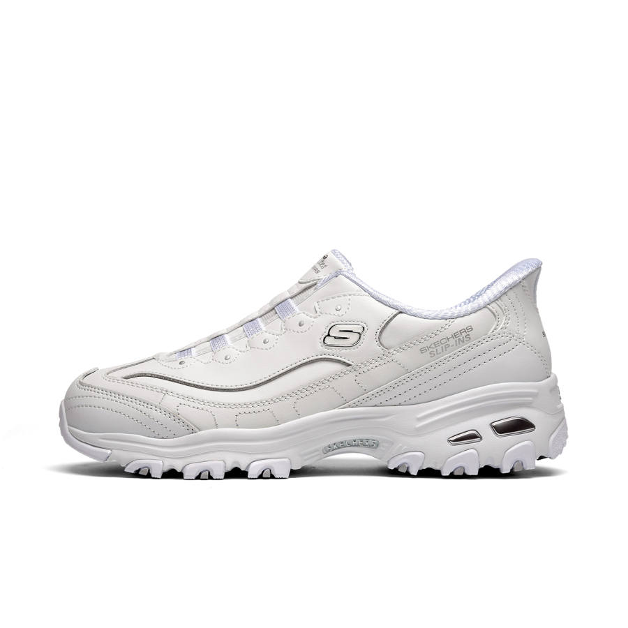 Skechers D'Lites Leather Slip Resistant Mid top Chunky Sneakers Women's White Silver