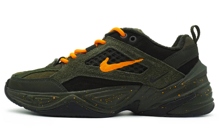 Nike Nike M2K Tekno Mesh, Leather Slip Resistant Abrasion Resistant Low top Chunky Sneakers Men's Green Orange