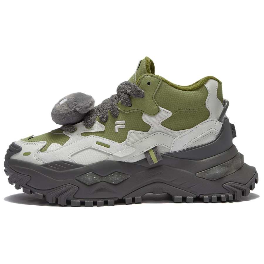 FILA FUSION Bianco Pirate Bear Abrasion Resistant Height Increasing Mid top Chunky Sneakers Women's Green White Gray