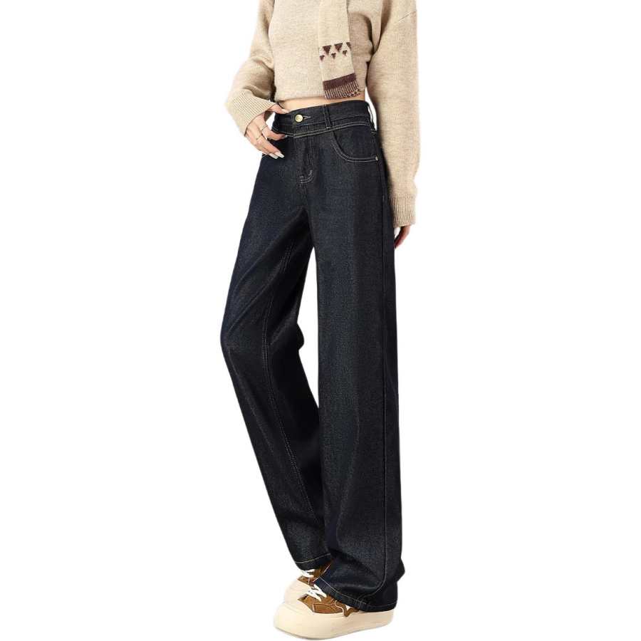Tonlion Jeans Women's Dark Blue Thickened And Fleece Lined Straight Fit Pants