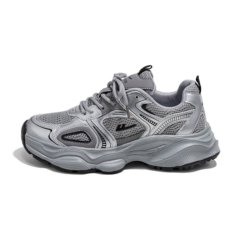 WARRIOR Synthetic Leather Slip Resistant, Abrasion Resistant, Breathable Low top Chunky Sneakers Men's Gray Silver