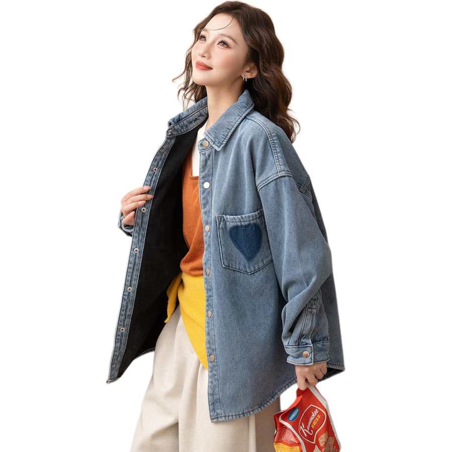 Tonlion Hot Girl Color Block Slimming Versatile Korean Style Minimalist Style Denim Thickened And Fleece Lined Women's