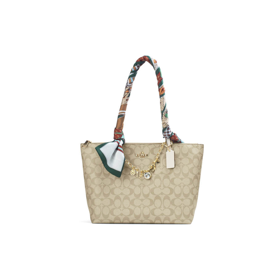 COACH Zip Top Tote PVC Handbag, Shoulder Bag Large Women's White Brown