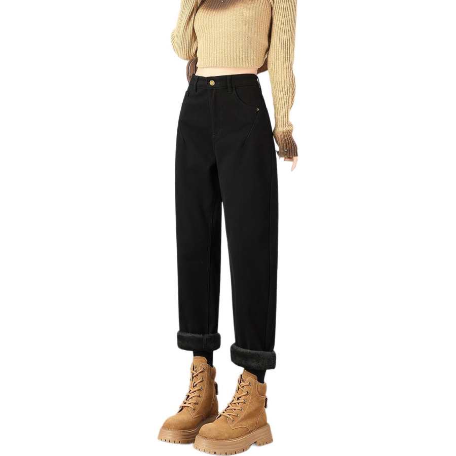 Tonlion Jeans Women's Black Thickened And Fleece Lined Harem Pants