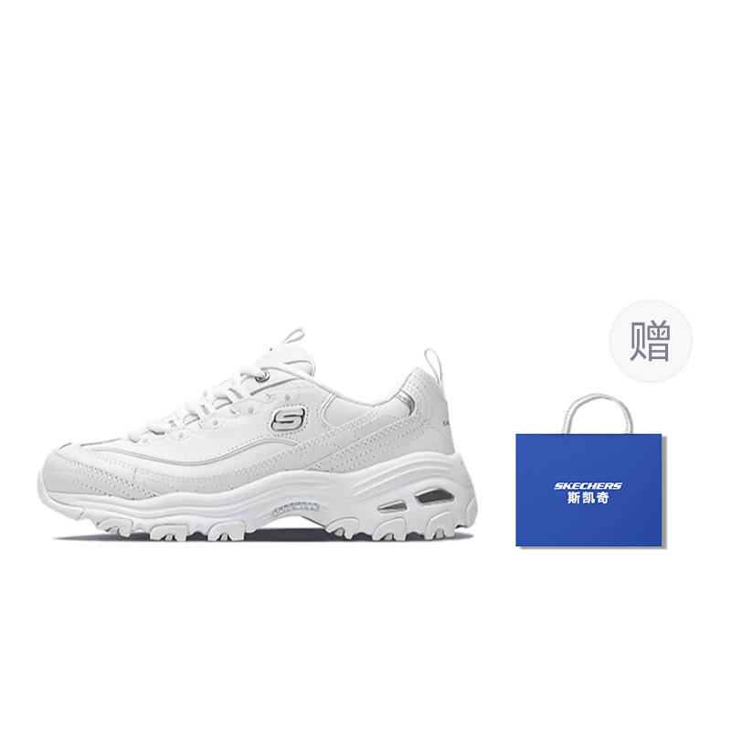 Skechers D'Lites 1.0 Synthetic Leather, Split Cow Leather Low top Chunky Sneakers Women's White Silver