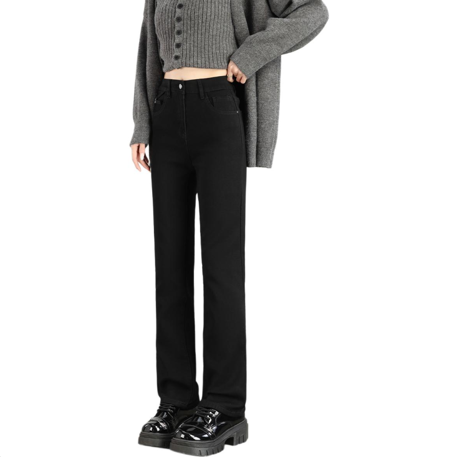 Tonlion Jeans Women's Black Thickened And Fleece Lined Straight Fit Pants