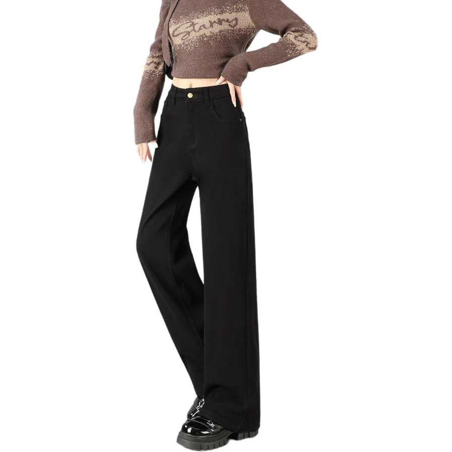 Tonlion Jeans Women's Black Thickened And Fleece Lined Straight Fit Pants