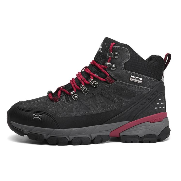 Jeep Cow Leather, Textile Cushioning Abrasion Resistant Lightweight Mid top Outdoor Shoes Men's Gray Red