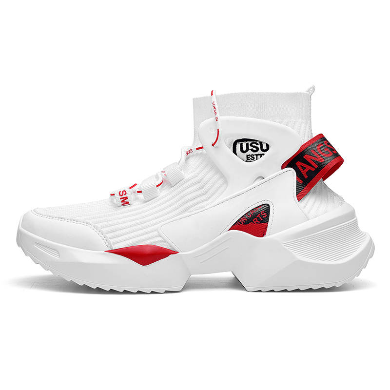 BIANSULONG Microfiber Leather Slip Resistant Support Height Increasing High top Chunky Sneakers Unisex White Red
